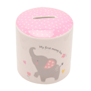 Children's money box with pink top and elephant design on a white background