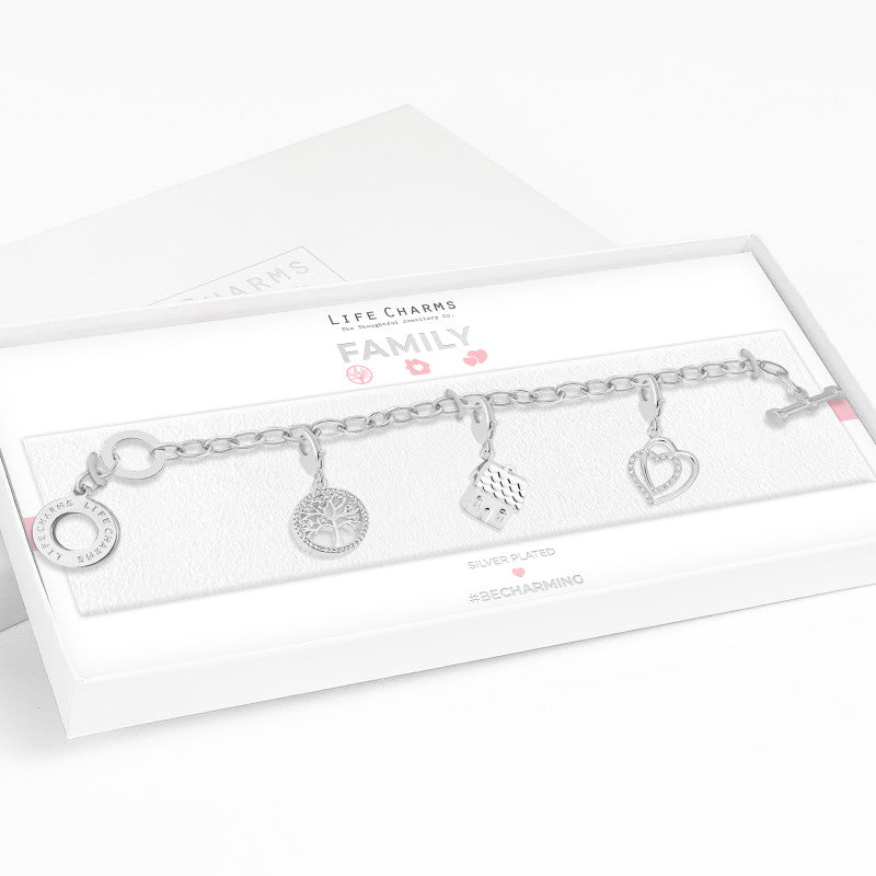 Silver &#39;Family&#39; bracelet gift set with 4 charms