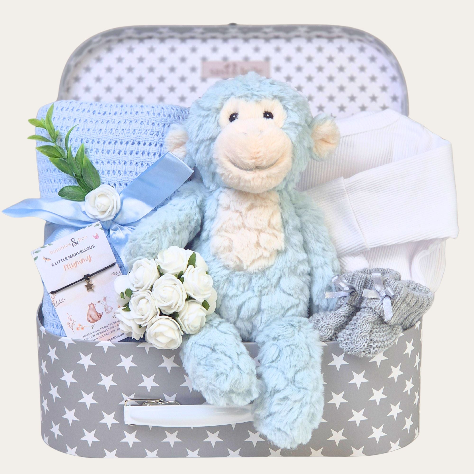 Baby boy gifts hamper with blue monkey soft toy, blanket and other presents Bumbles & Boo.
