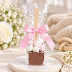 Marshmallow and chocolate treat in a clear wrapper with a pink bow.