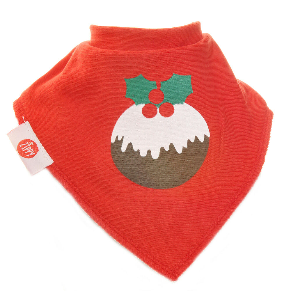 Red baby dribble bib with a Christmas pudding on the front