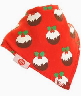 Red dibble bib with a Christmas pudding patter