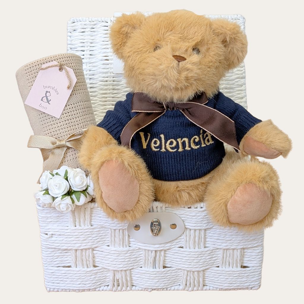 Personalised Teddy Bear Baby Hamper with classic teddy and biscuit cellular blanket.