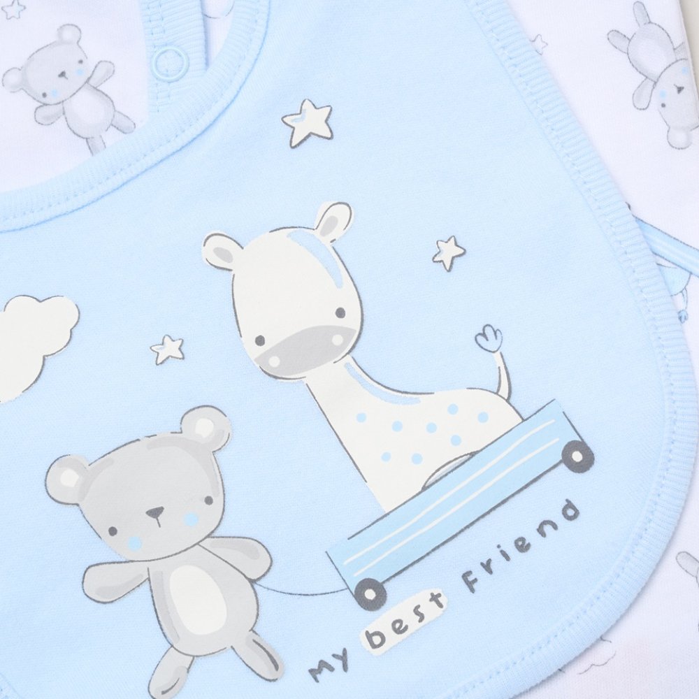 Baby boy blue bear and giraffe 5 piece clothing set with sleepsuit, bib, hat and mittens
