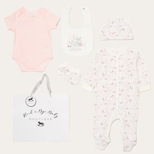 Baby girl pink floral 5 piece clothing set with sleepsuit, bib, hat and mittens