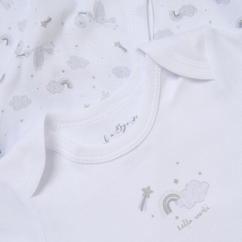 Unisex white Welcome Little One 5 piece baby clothing set with sleepsuit and bib