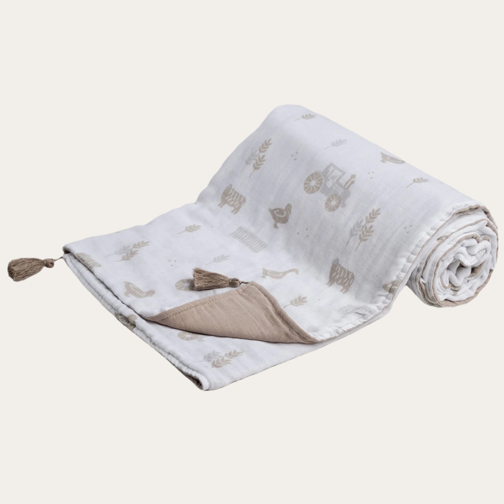 White/Coffee Farm Printed Muslin Wrap with Tassels 100% Cotton Baby Swaddle.