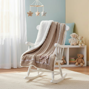 Coffee new baby blanket with a bow and can be personalised.