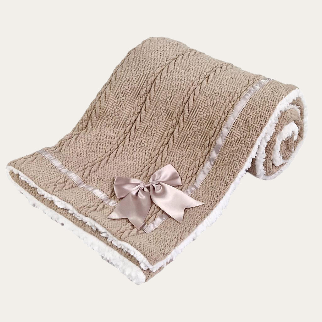 Coffee Sherpa Back Knit Baby Blanket with Satin Bow 75x90cm Baby Blanket.