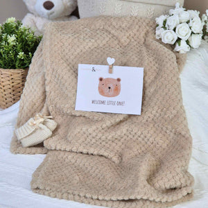 Soft caramel beige waffle texture unisex baby blanket. Can be personalised with baby name.