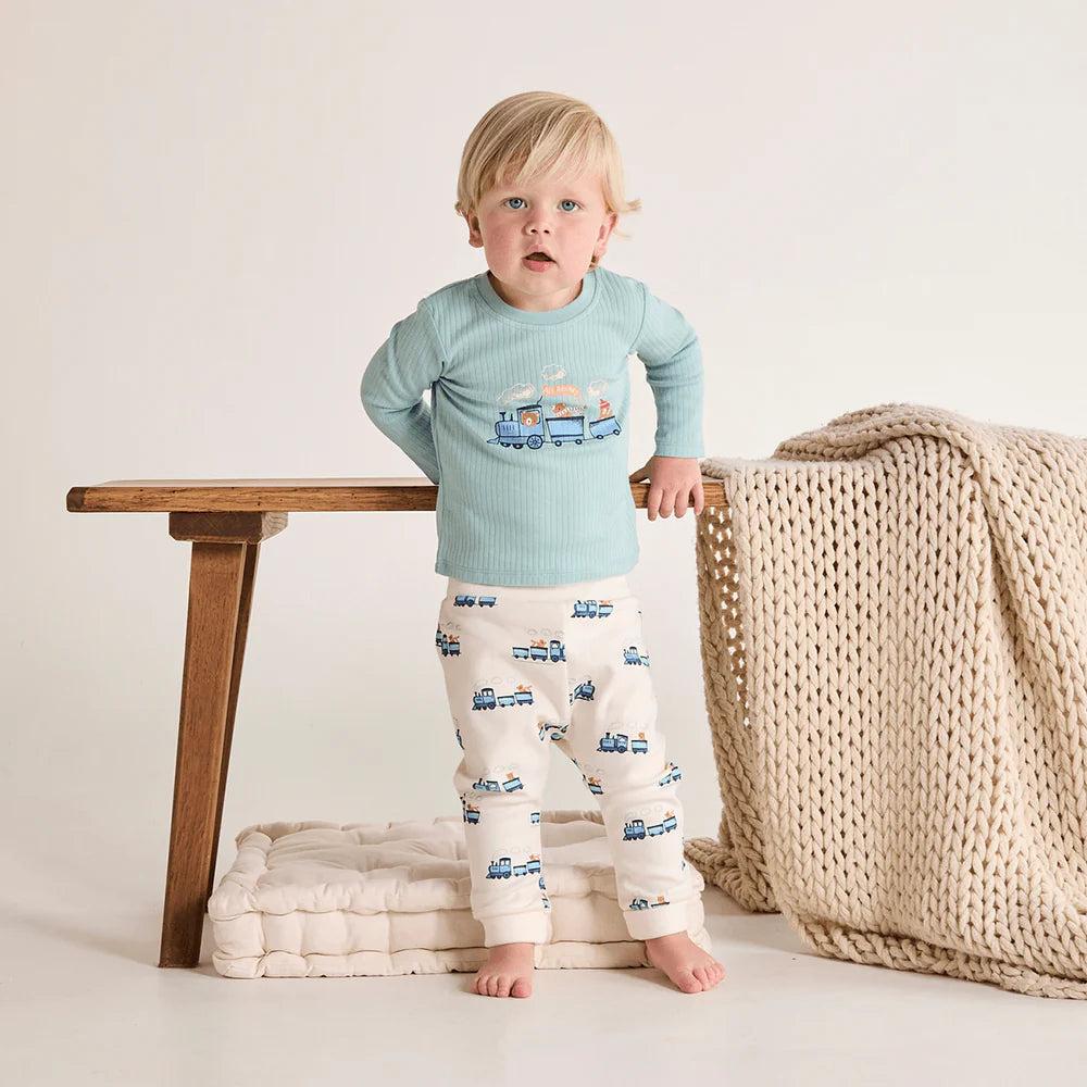 Cotton baby joggers with blue train print