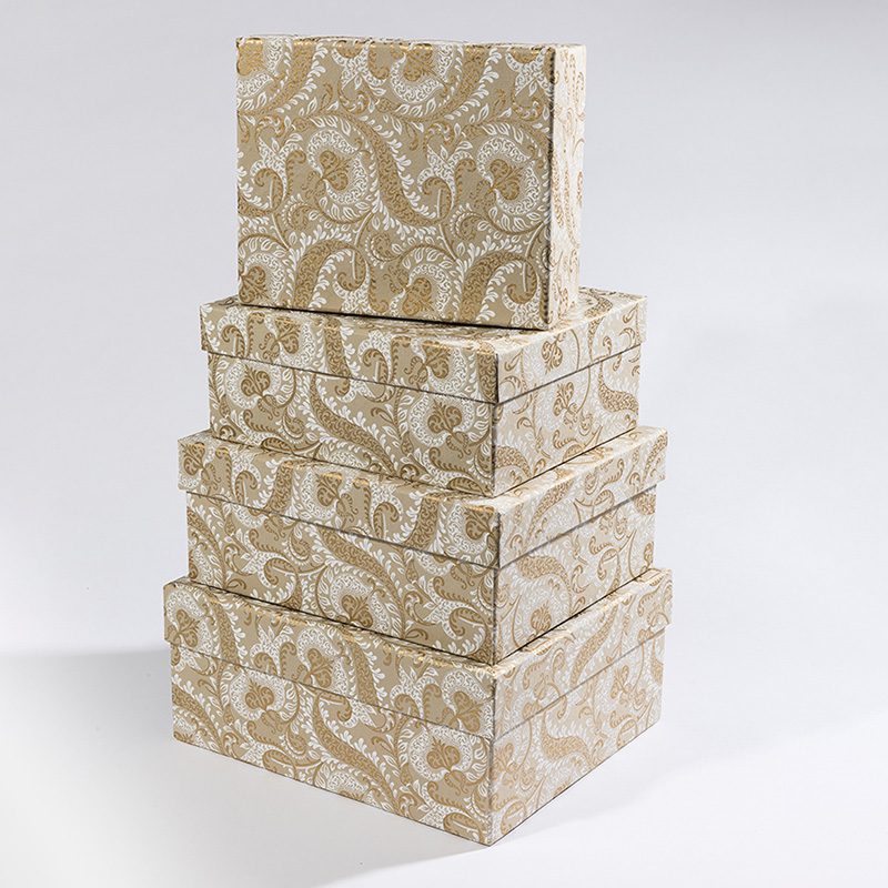 4 cream and gold paisley patterned gift boxes in various sizes