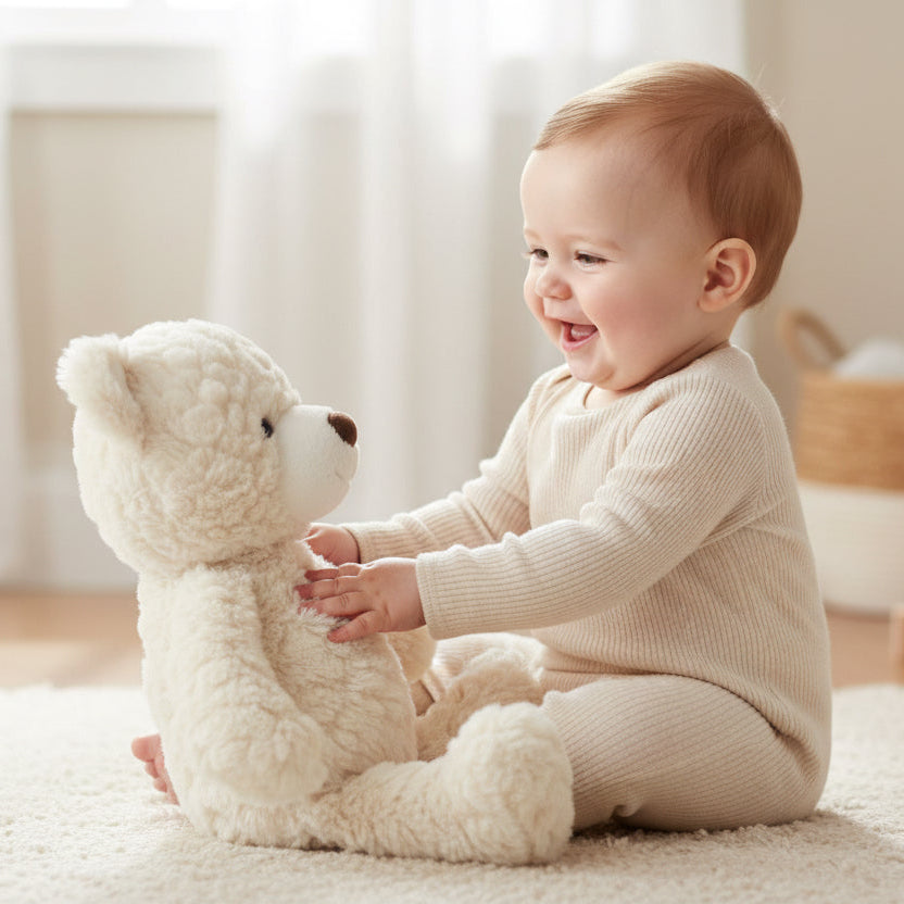 Baby sitting and holding Cream Putty Bear medium teddy, soft neutral plush baby toy with floppy body design.