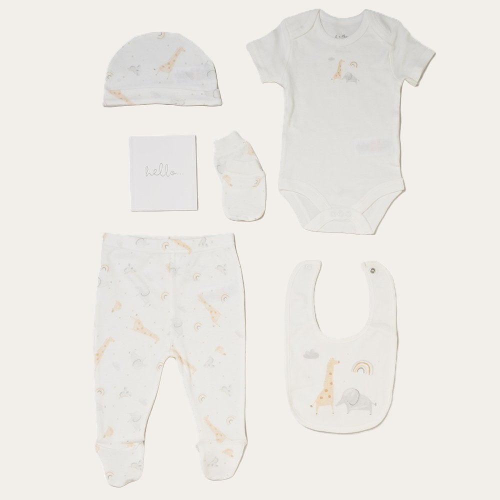 Cream safari baby clothing gift set with five pieces