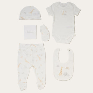 Cream safari baby clothing gift set with five pieces