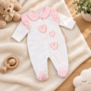 Pink baby girl all-in-one with embroidery and appliqué detail