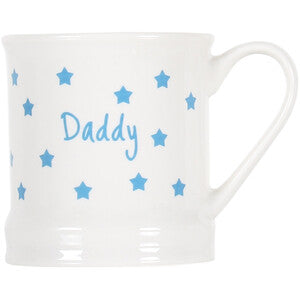 A white tankard mug with blue stars and the inscription 'Daddy'