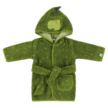 Soft organic cotton toweling dressing gown bath robe in green with a dinosaur face on the hood