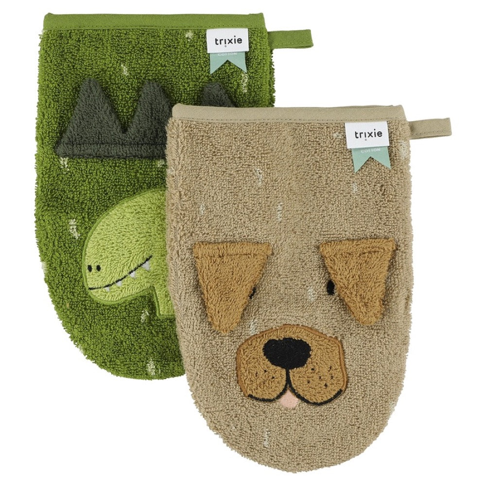 Set of two organic bath mitts.  One green featuring a dinosaur and one light brown as a  dog