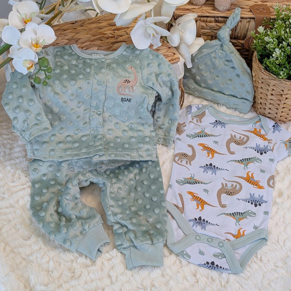 Dinosaur 4-Piece Baby Boy Clothing Set Sage Green Popcorn Outfit