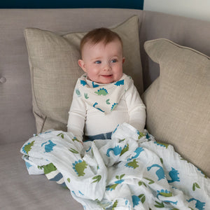 Detailed view of dinosaur print bandana dribble bib