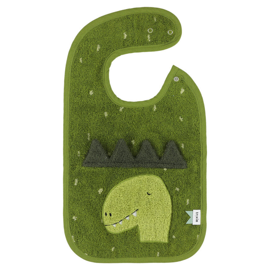Green baby bib with a cute dinosaur face on the front