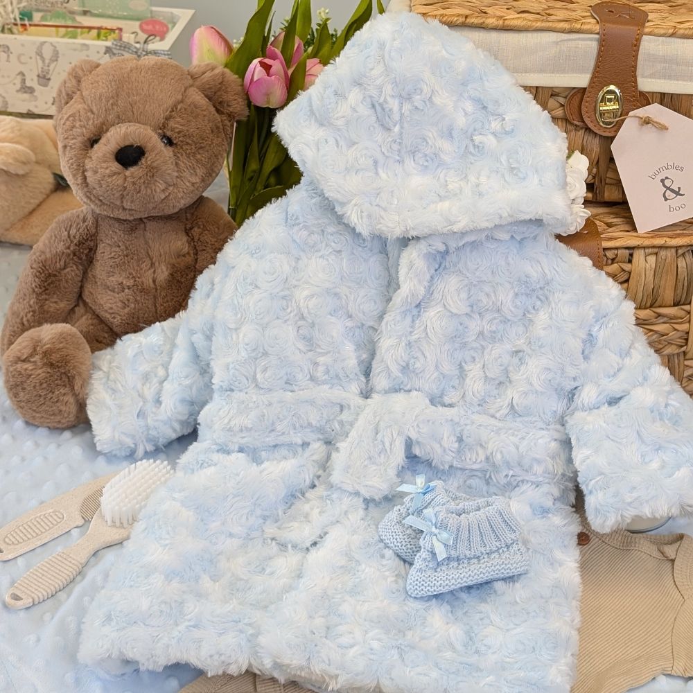 Blue Baby Hooded Dressing Gown – soft bath robe for 0–12 months