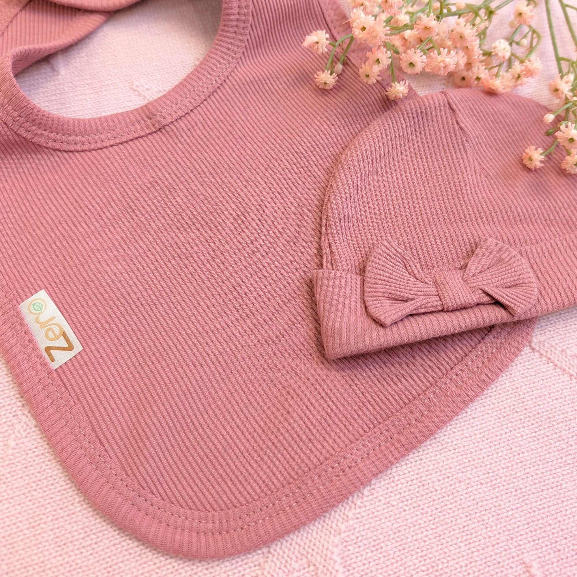 Dusky Pink Baby Girl Gifts Set Eco Friendly Hat & Bib Baby Hat & Booties.
