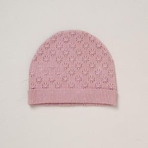 Dusky pink knitted baby girl hat with soft ribbed trim from matching baby clothes outfit set