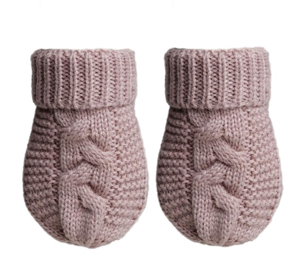 Recycled Cable Knit Mittens - Dusky Pink Baby Hat and Mitten Set