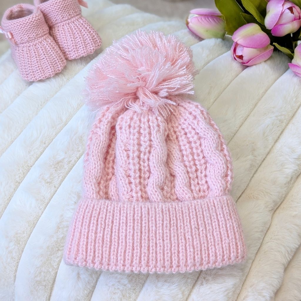 Dusty Pink Pearl Cable Knit Baby Hat with Pom Pom – Bumbles Boo
