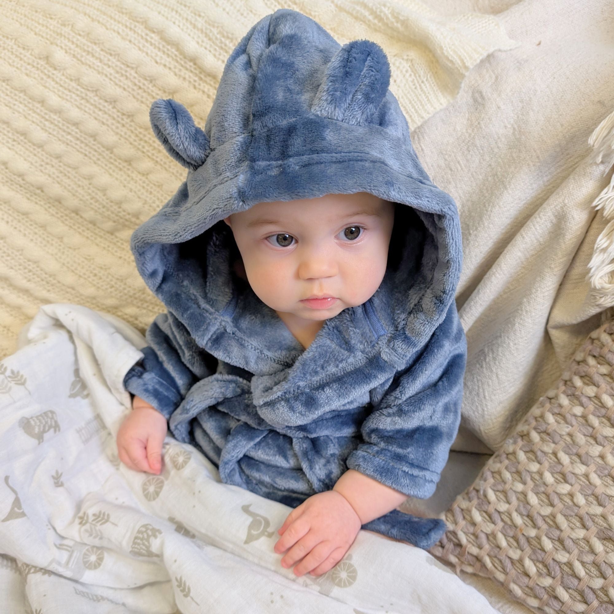Dusky Blue Baby Bath Robe - Personalised Dressing Gowns - Bumbles & Boo