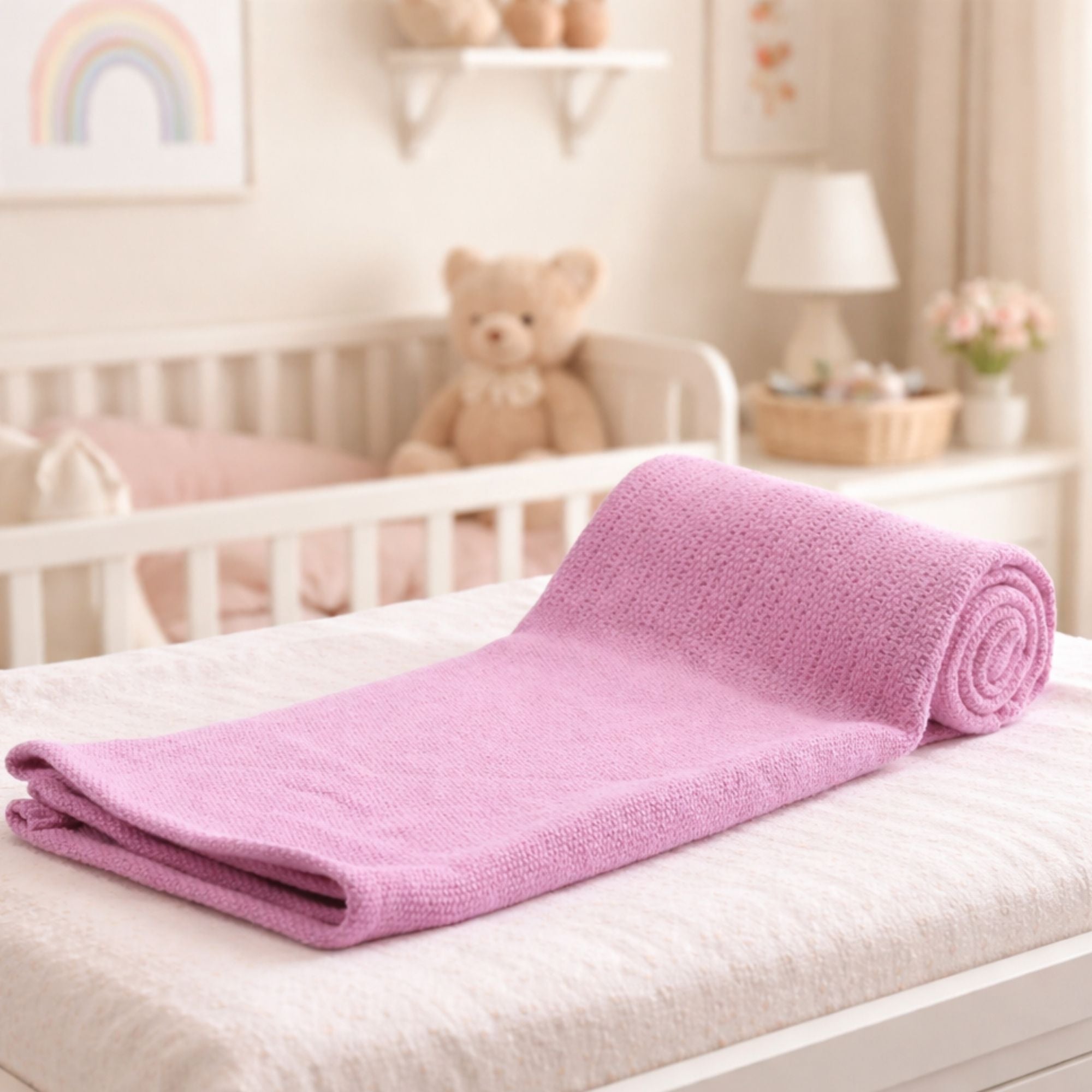 Dusty pink cotton cellular baby blanket folded, 70 x 90 cm
