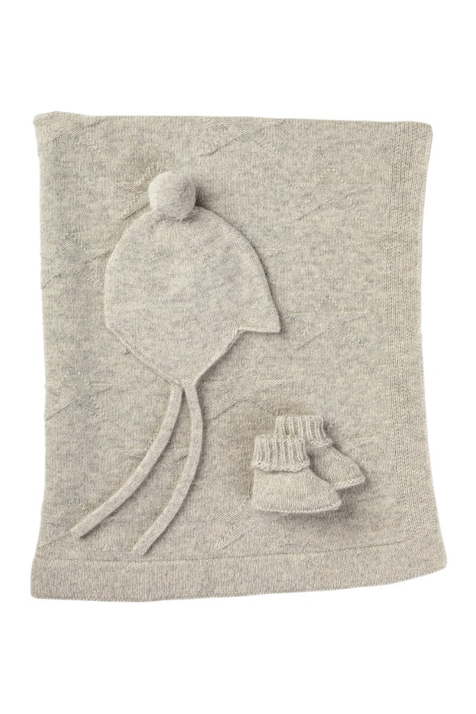 Soft grey cashmere set of blanket, hat and booties