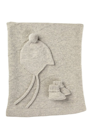 Soft grey cashmere set of blanket, hat and booties.