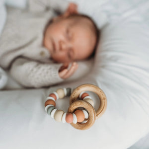 Earth Tones Beech Wood & Silicone Rattle Teether – Neutral baby teether