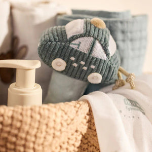 Easy-hold baby rattle in soft blue car design