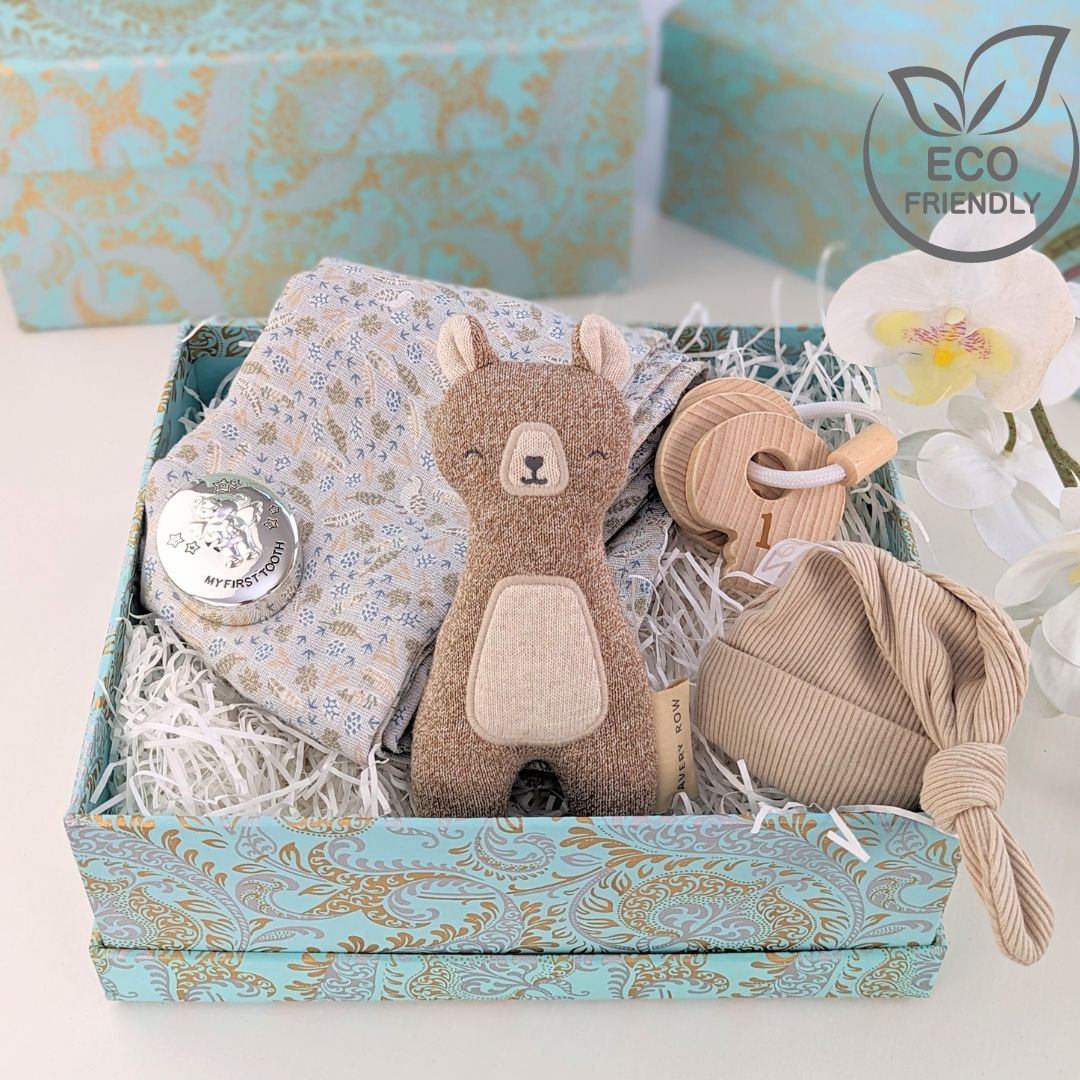 baby shower gift box with organic presents.