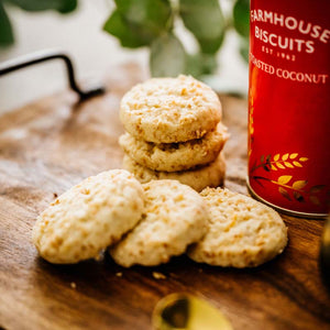 Elegant biscuit tube with toasted coconut biscuits – red & gold