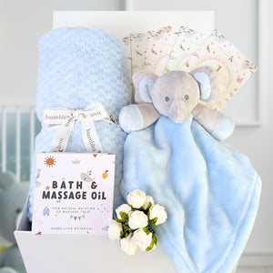 Blue blanket and elephant comforter present for a baby shower.
