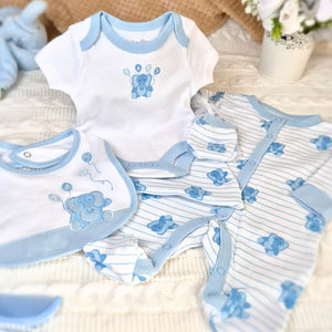 Blue and white baby boy clothes set with elephant design.