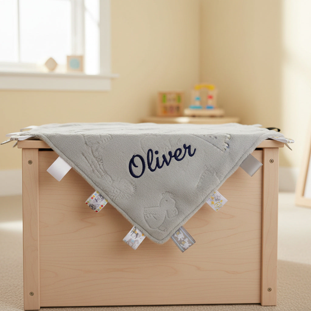 Embossed Baby Comforter - safari animals in grey taggie for newborns