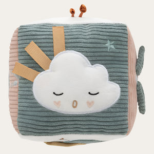 Embroidered soft cube toy with flowers and tags
