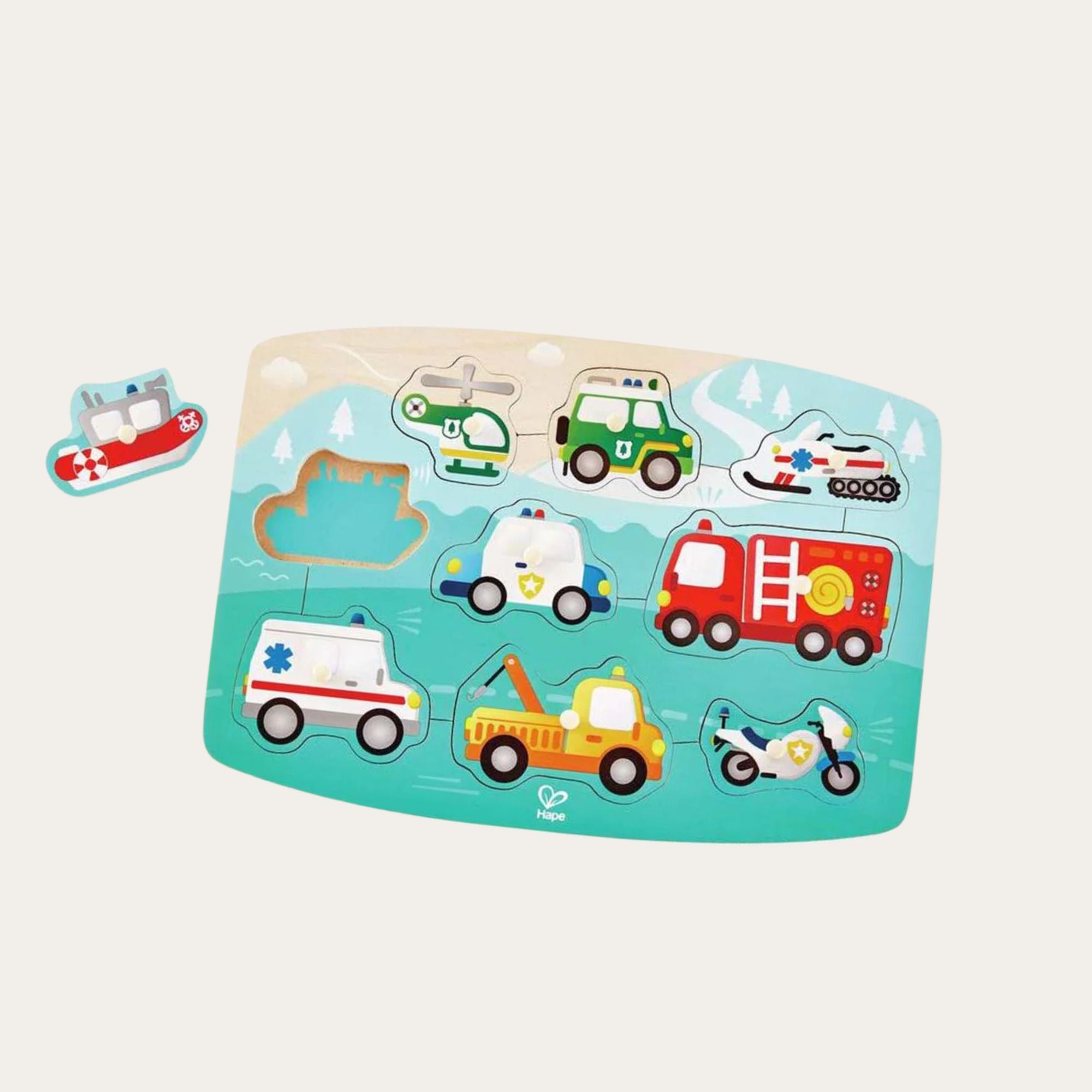 Wooden toy jigsaw puzzle with pegs featuring emergency vehicles.
