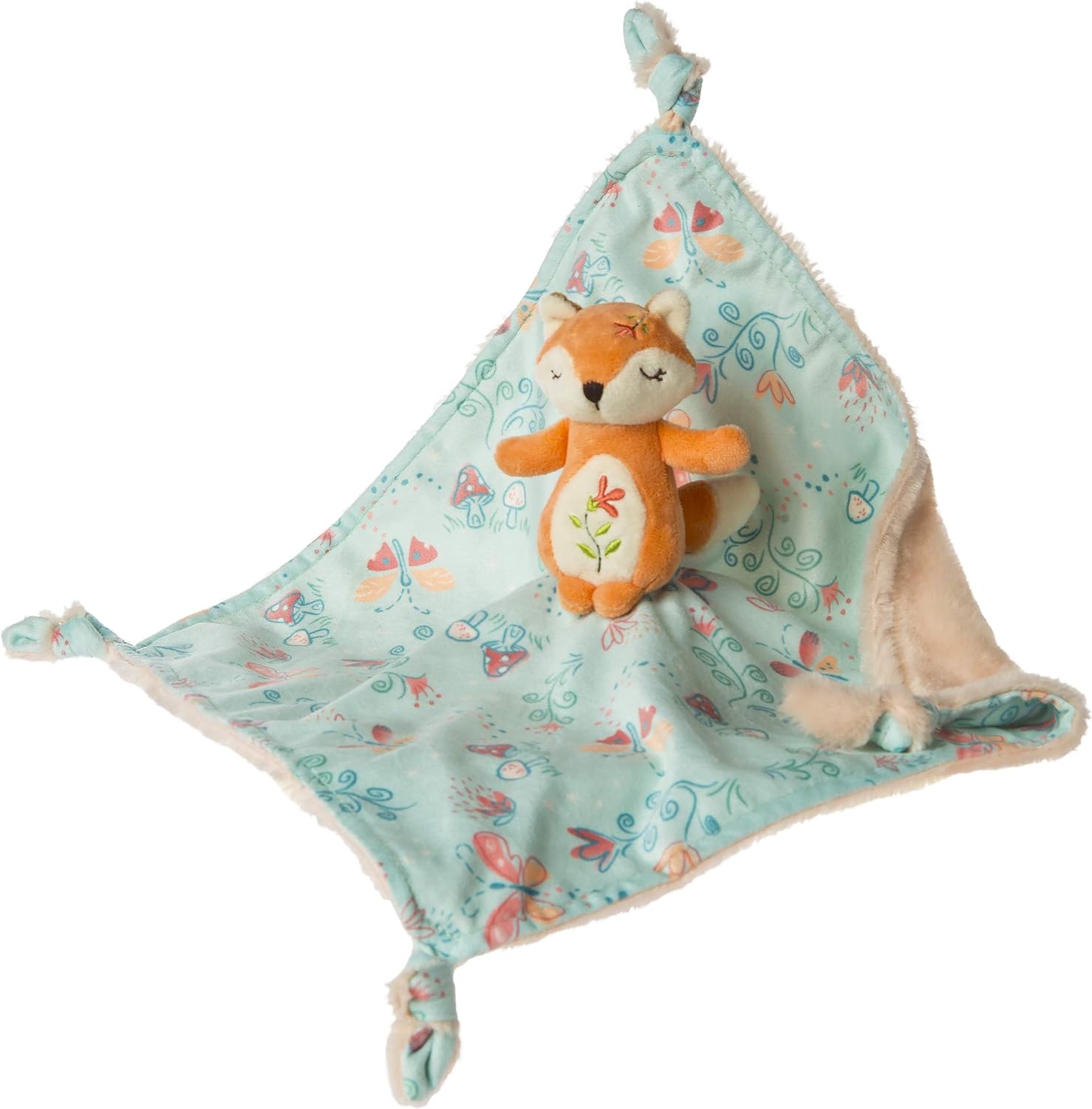 Light pink and blue comforter with a 'fairyland forest' design and an attached soft fox