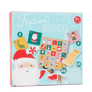Festive Bingo Christmas game box with Santa, a dachshund and illustrated picture tiles on the packaging