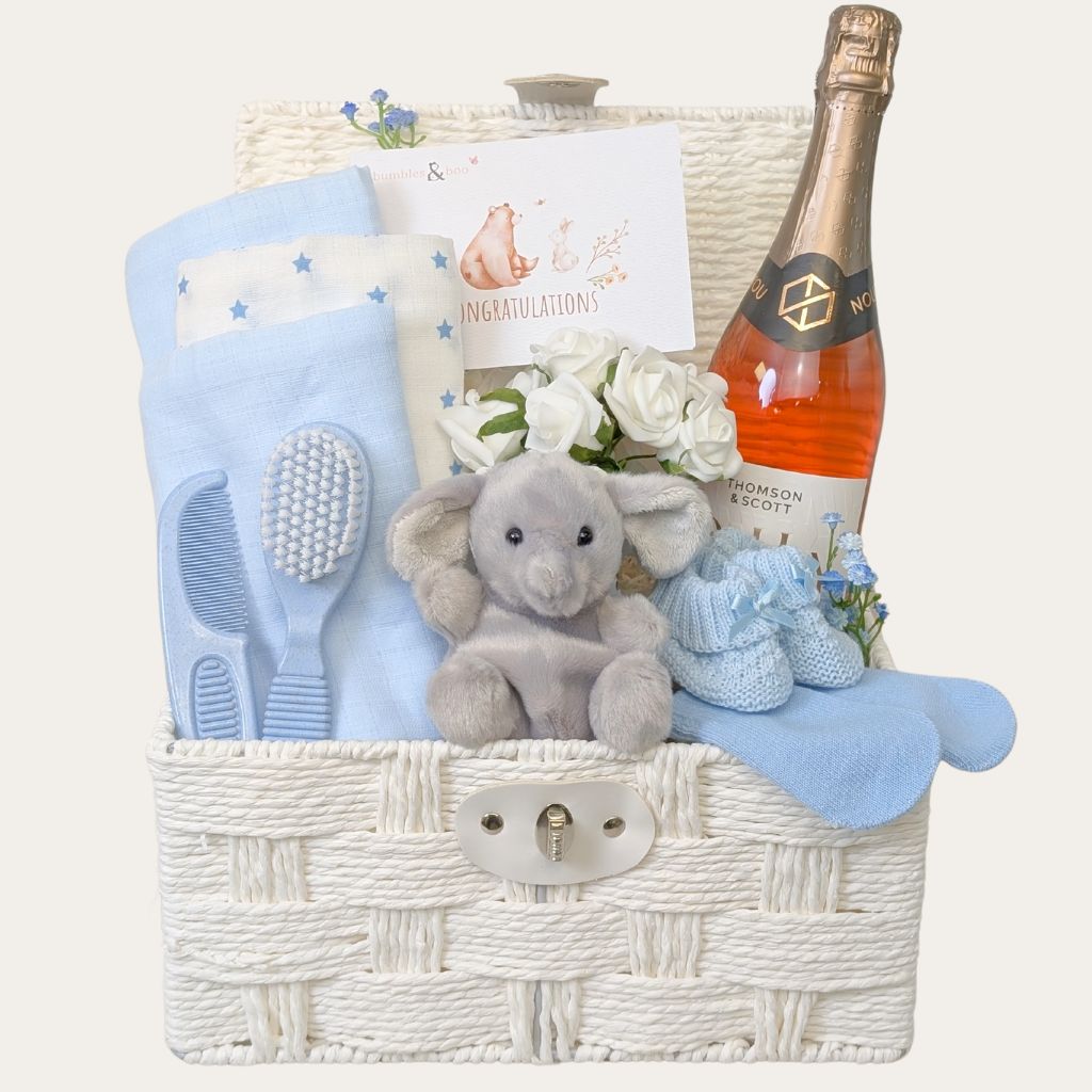 Mum to be gifts hamper with a soft toy elephant and present for mum. Bumbles and Boo.
