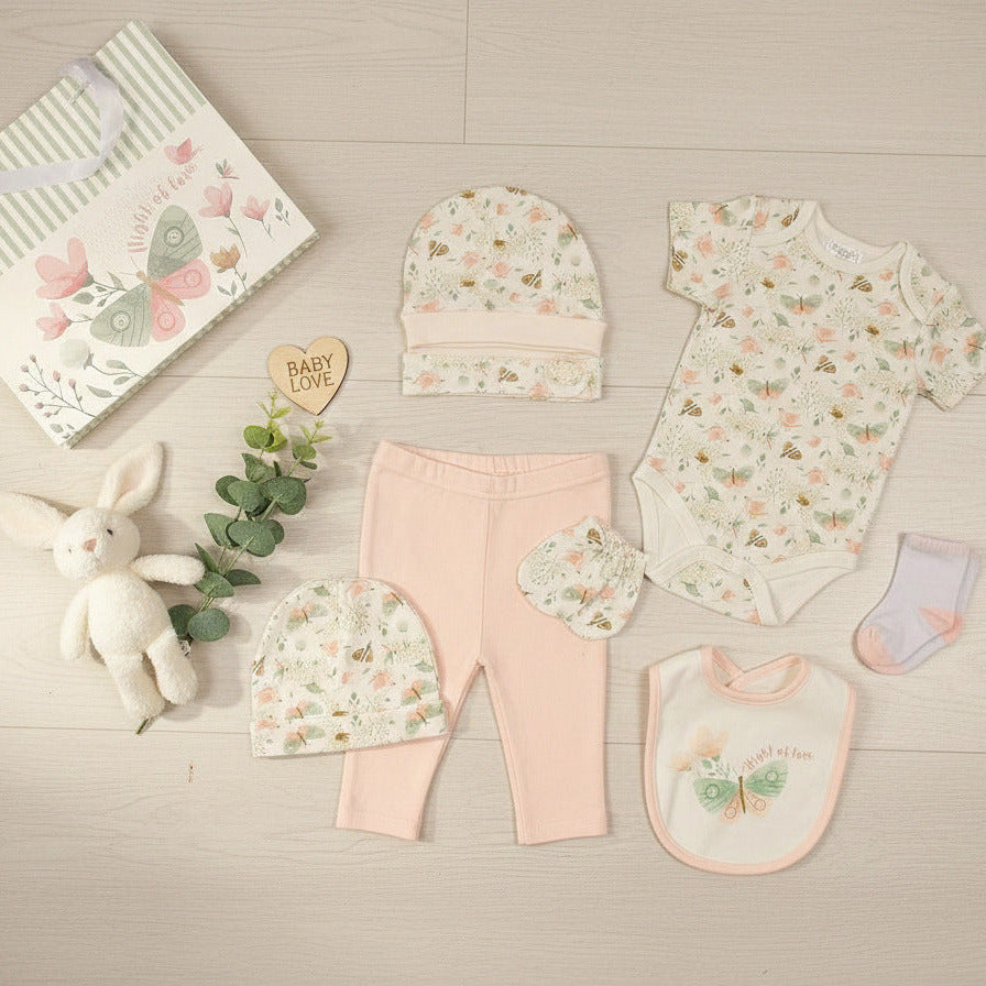 Flight of Love baby girl clothes set including bodyvest, pants, bib, hat and socks in soft pink cotton newborn outfit