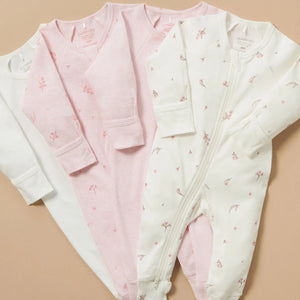 Floral baby zip growsuits with double zip and built-in mittens