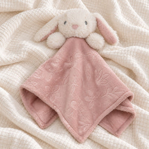 A soft baby lovey blanket featuring a plush cream bunny